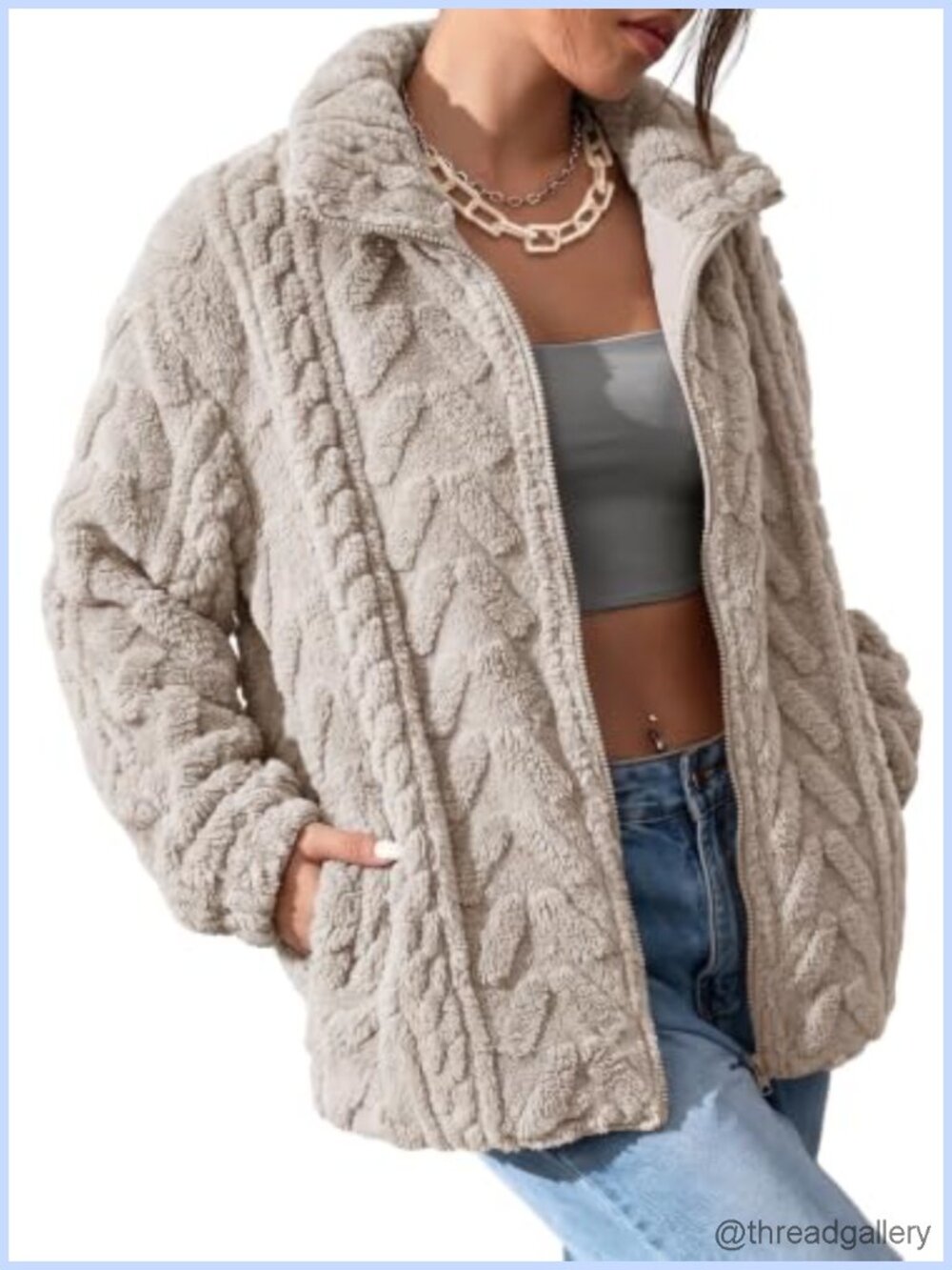 Winter Fleece Jacket Zip Up Stand Collar Pockets Oversized Fit